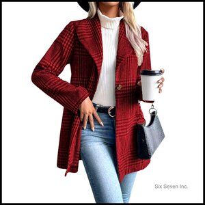 Vintage Plaid Wool Blend Blazer Coat Elegant Shawl Collar Trench Pea Coat